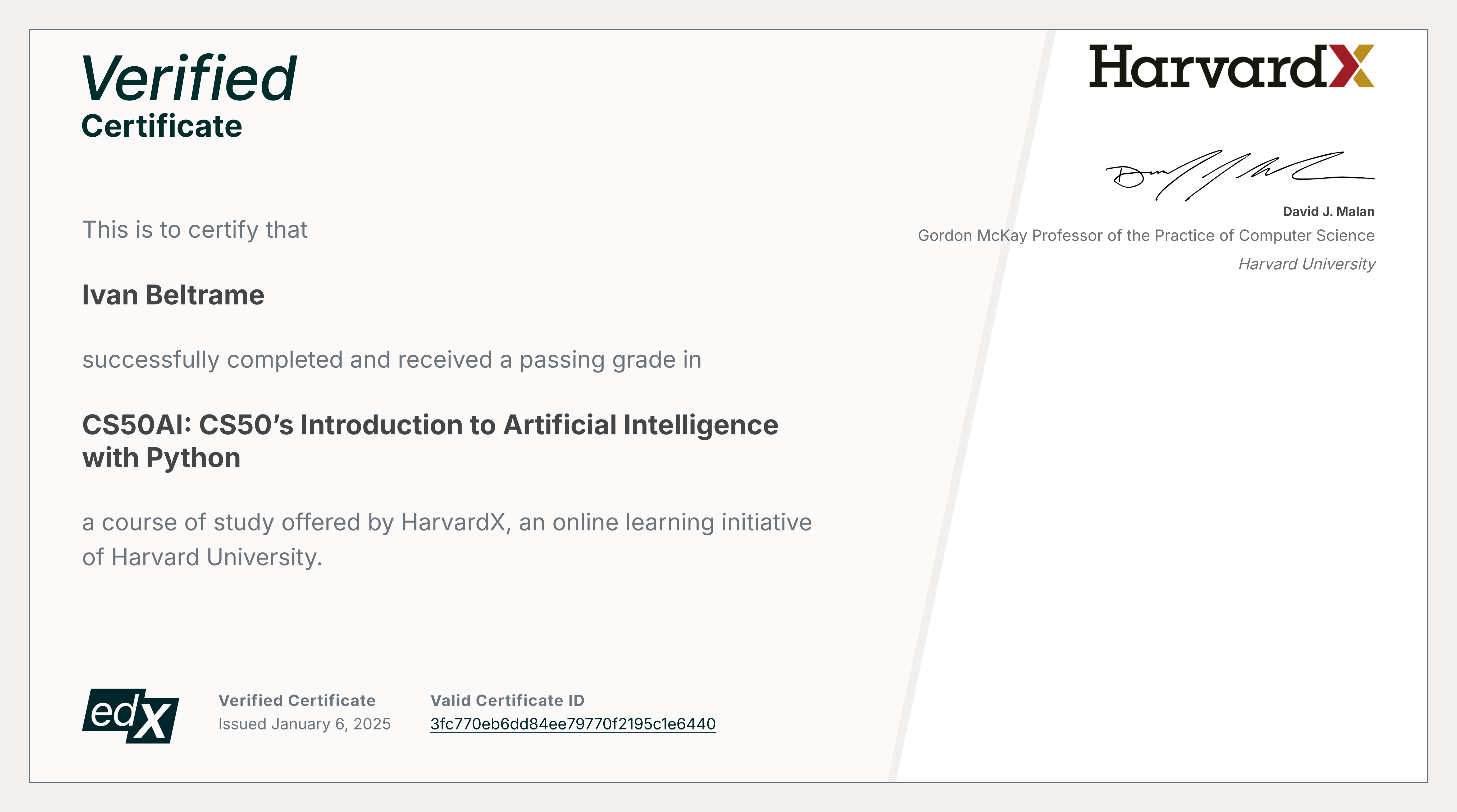 Certificato verificato sulla computer scienza per l'intelligenza artificiale